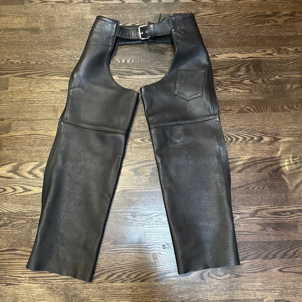Frontier Leathers Black Leather Motorcycle Biker Chaps Size Small USA Made‎